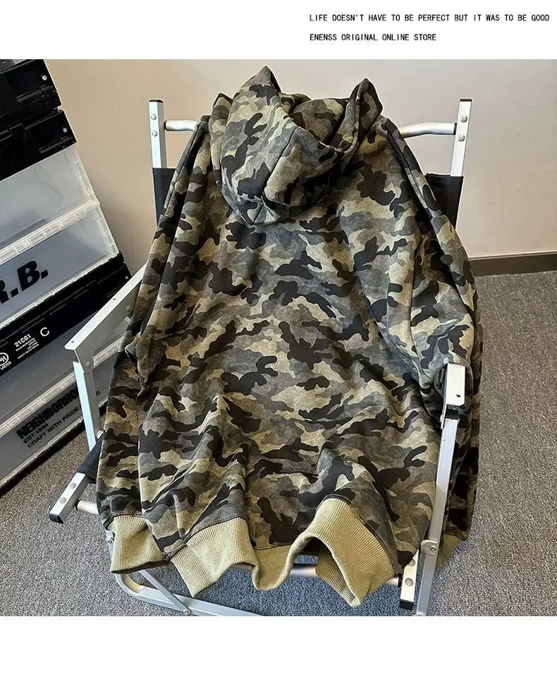 American Retro High Street Camouflage Cardigan Hooded Sweatshirt Winter Men Women Ins Fashion Brand Street Zipper Jacket Top