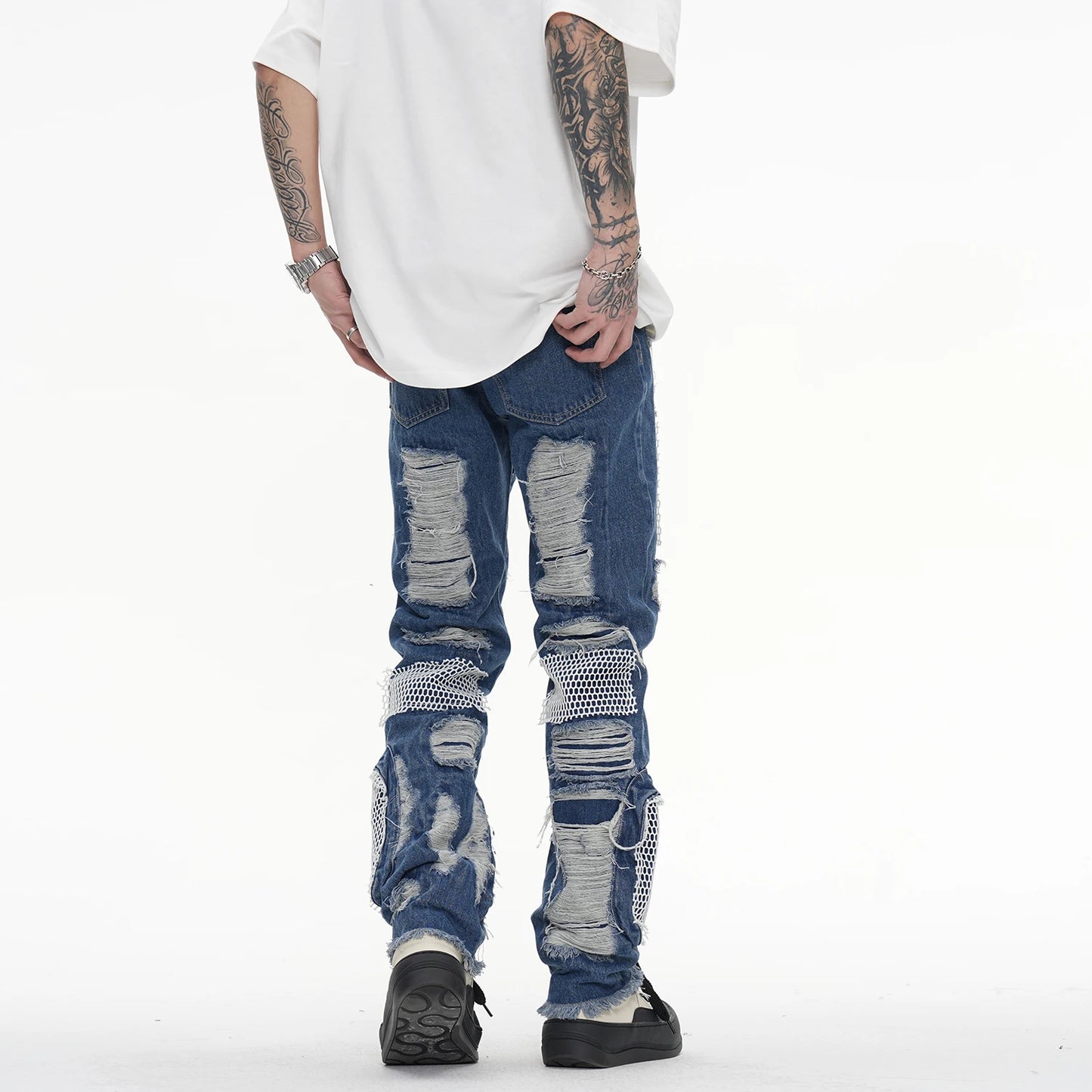 distressed skinny flared micro flare jean for mens mesh big destroyed ripped denim jeans hip hop biker jeans pants male urban skinny jeans