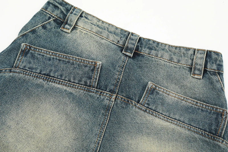 streetwear side pockets pleated washed blue jeans unisex straight baggy y2k denim pants ropa hombre casual cargo pants oversized unique cargo style 1200