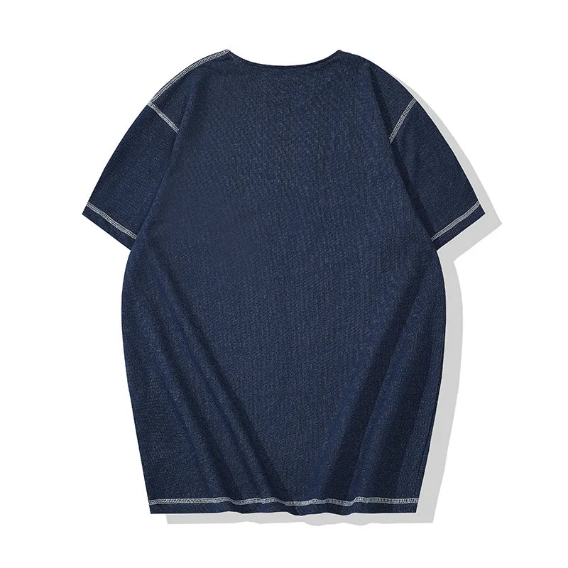 Glitchcore Melting smiley – Denim Blue Knitted Henry Collor T Shirt Men Vintage Topstitc