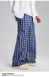 men women american streetwear fashion loose plaid wide leg straight pant boyfriend button down sports casual pants trousers unique default style 1435
