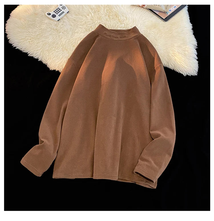 Autumn Winter Warm Classic Long Sleeve Bottoming Shirt Gothic Style Embroidery Half-high Neck Tops Loose T-shirt