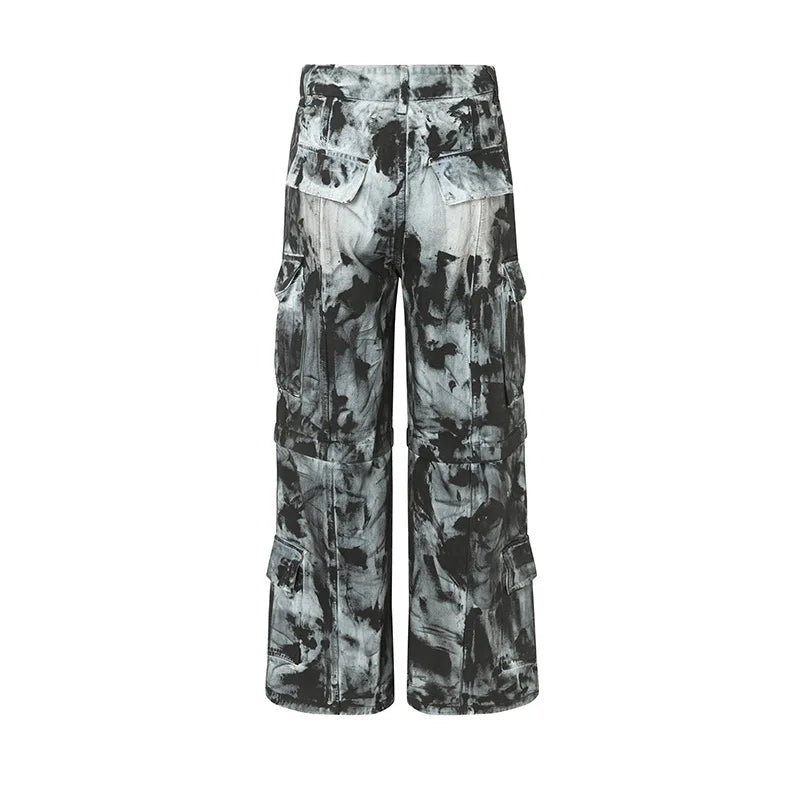 vintage dirty tie dye baggy jeans men multi pocket loose white straight jeans trousers luxury designer oversized denim pant urban skinny jeans