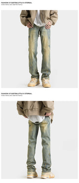 high street slim straight trousers tide vintage washed old colour stars jeans street mens denim trousers 2024 male pants unique jeans style 3329