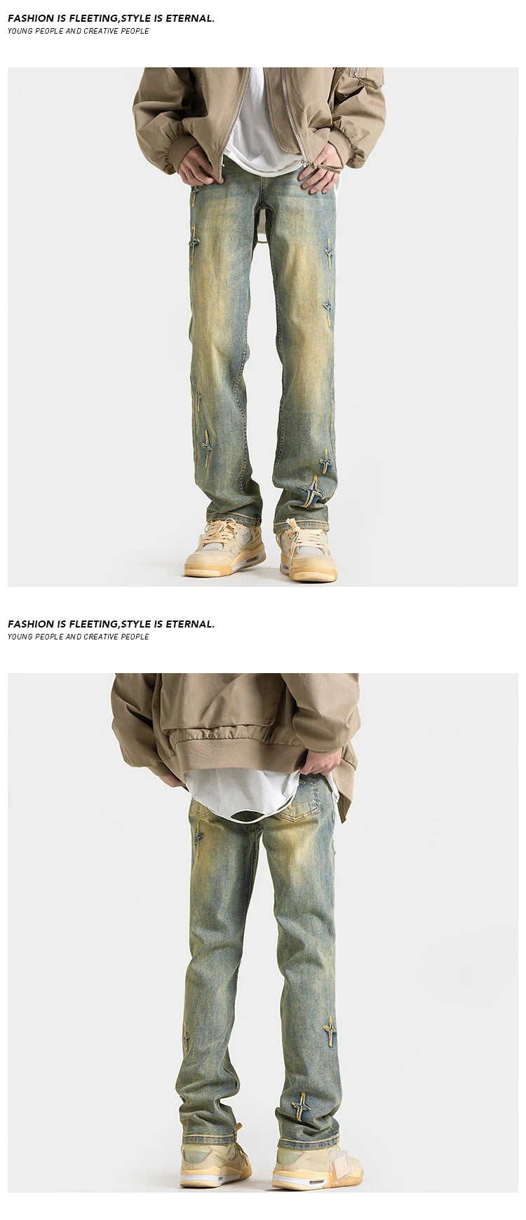 high street slim straight trousers tide vintage washed old colour stars jeans street mens denim trousers 2024 male pants unique jeans style 3329