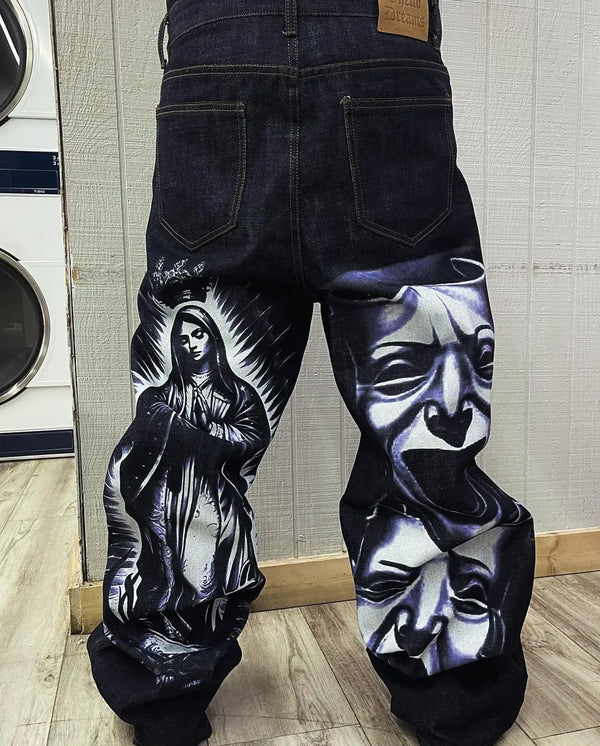 harajuku retro jeans religion watermark loose slouchy jeans men women y2k gothic skateboard pants streetwear hip hop jeans denim street jeans