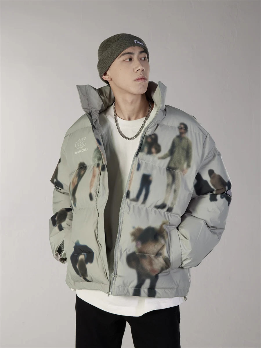 Hip Hop Jacket Parka Human Graffiti Print Men Winter Windbreaker Streetwear Harajuku Padded Jacket Coat Warm Outwear Hipster New