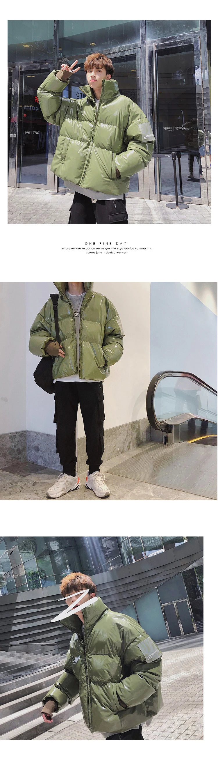 Winter Jacket Men Parkas Thicken Warm Coat Stand Collar Oversize Parkas Bright Leather Fabric Jacket Korean Style Padded Coat