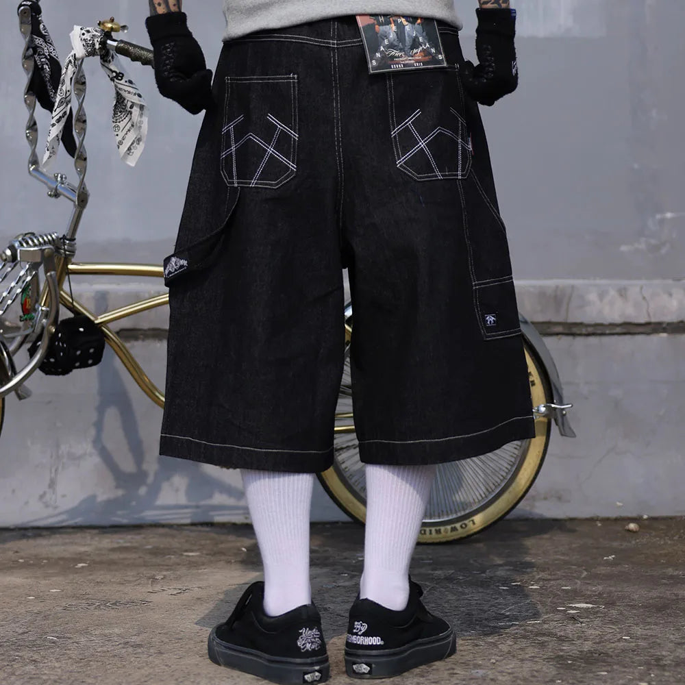 high street embroidery casual over knee summer jeans shorts mens wide leg baggy y2k denim short oversized five point pants unique jeans style 3547