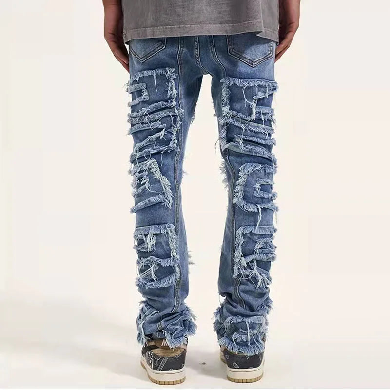 retro hole ripped distressed jeans for men straight washed harajuku hip hop loose denim trousers vibe style casual jean pants stacked flare jeans