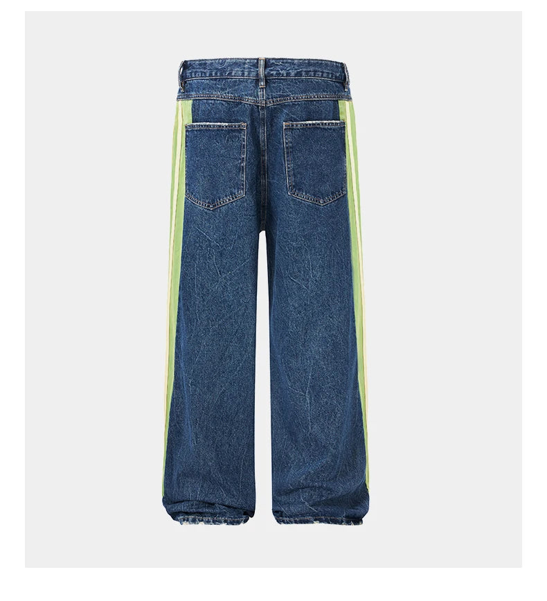 men streetwear fashion side splice hip hop loose casual wide leg straight baggy jeans pant cityboy jeans pants trousers unique jeans style 2593