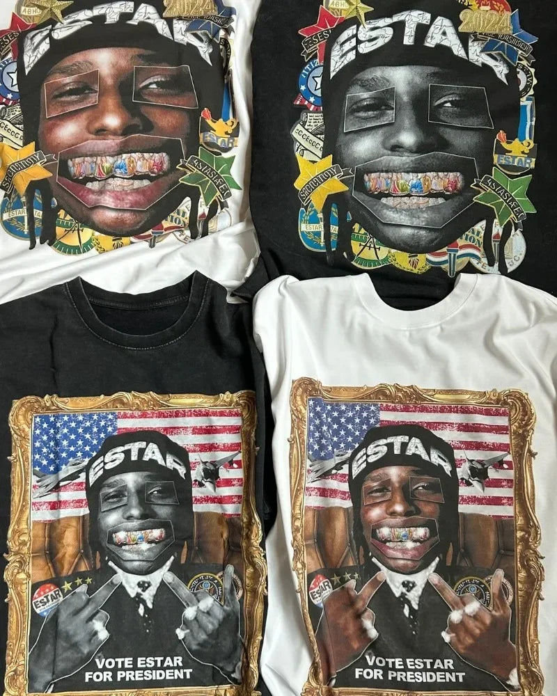 New Trendy Brand Anime Cartoon Printed Oversized T-shirt Shirt Women Y2k High Street Retro Cotton Round Neck Short-sleeved Men