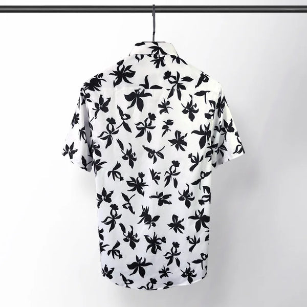 New 2021 luxury Men Classic Hibiscus Flowers Fashion 50% Silk Casual Shirts Shirt high quality Pocket Short sleeves #A48