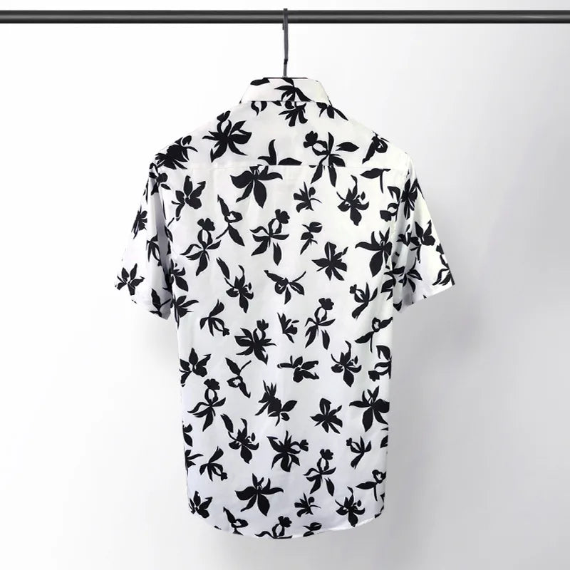 New 2021 luxury Men Classic Hibiscus Flowers Fashion 50% Silk Casual Shirts Shirt high quality Pocket Short sleeves #A48