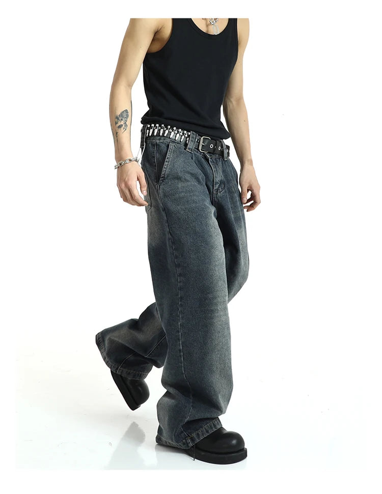 mens high street loose denim jeans unisex casual straight zipper jeans hip hop streetwear casual wide legs joggers baggy jeans unique joggers style 611