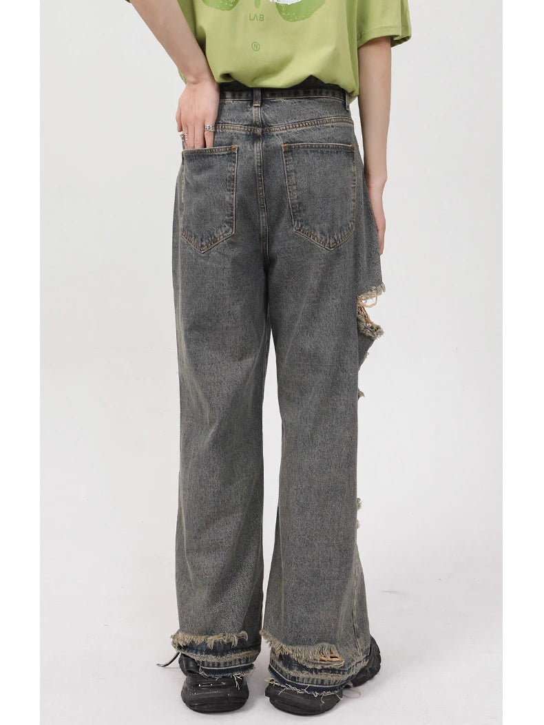rainbowtouches 2022 men washed jeans vintage high street hole design fashion jeans popular loose straight hip hop long pants unique jeans style 4957