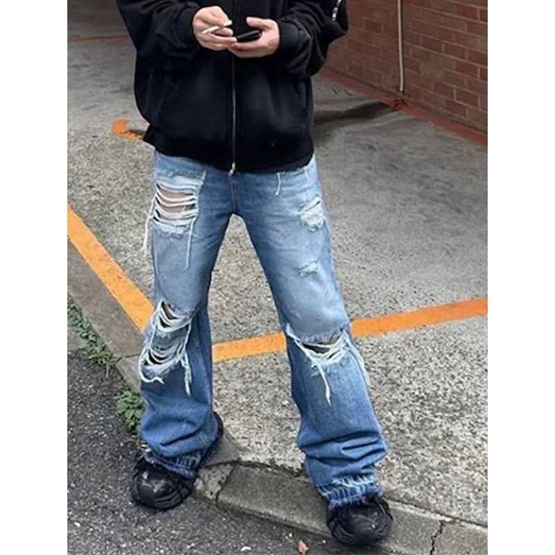 vintage ripped flared jeans blue straight baggy jeans trousers streetwear luxury loose casual distressed denim pants male unique jeans style 586