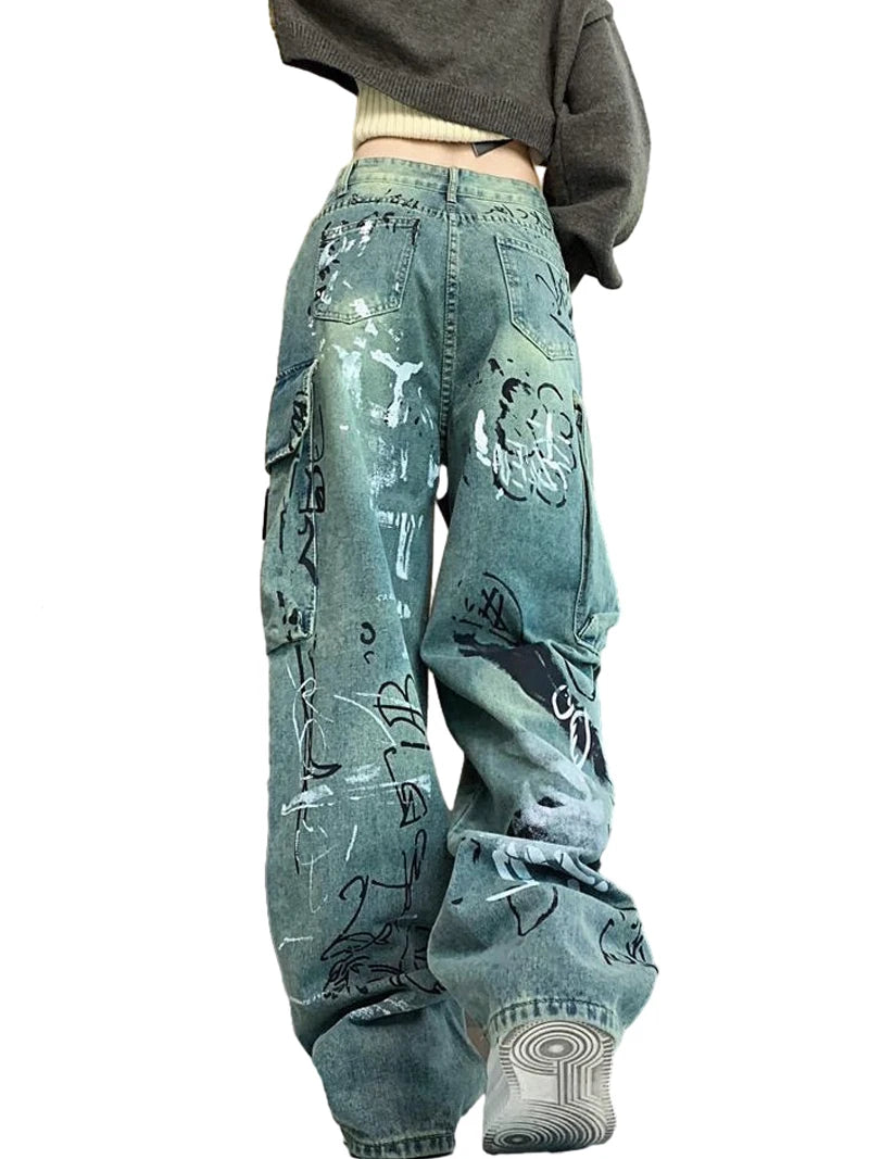 graffiti printed denim jeans unisex side pocket straight cargo jean trousers hip hop streetwear casual loose joggers jeans pants unique joggers style 3705