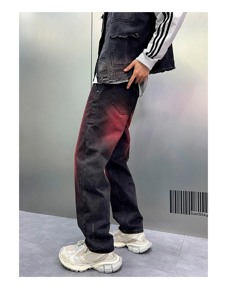 2024 spring autumn high street wide leg denim pants men render red loose straight jeans y2k fashion streetwear baggy trousers unique jeans style 4412