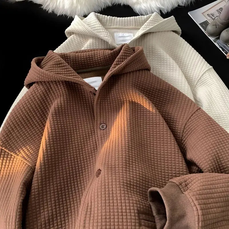 Korean Retro Y2K Waffle Hooded Jacket for Men and Women Ins Harajuku Style Casual Loose