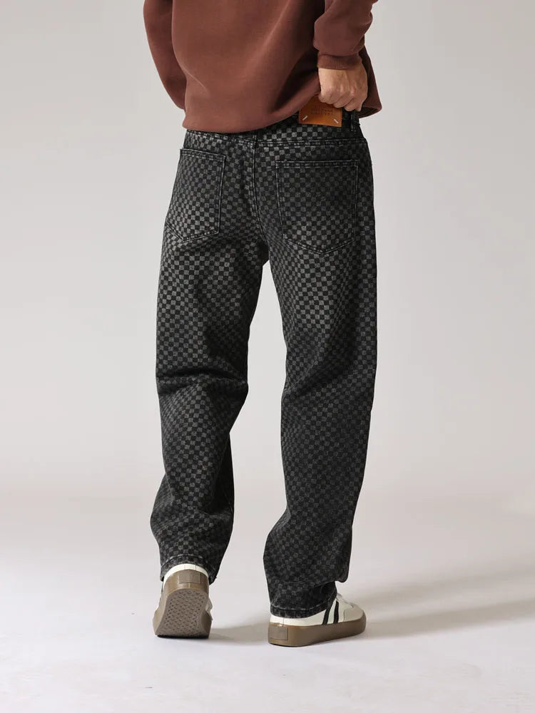 men streetwear fashion hip hop loose casual print black plaid denim pant jeans man vibe straight cowboy baggy jeans trousers unique jeans style 1568
