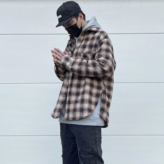 Mens Plaid Shirts New Fashion Single Breasted Hip Hop Loose Shirts Autumn Winter Casual Long Sleeve High Street Streetwear