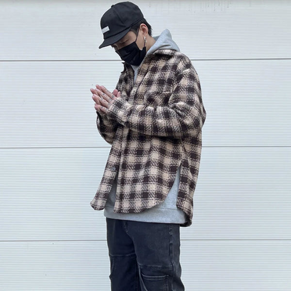 Mens Plaid Shirts New Fashion Single Breasted Hip Hop Loose Shirts Autumn Winter Casual Long Sleeve High Street Streetwear