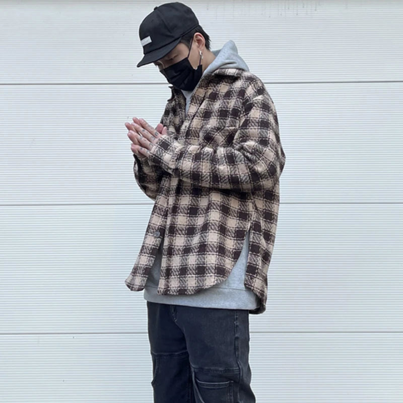 Mens Plaid Shirts New Fashion Single Breasted Hip Hop Loose Shirts Autumn Winter Casual Long Sleeve High Street Streetwear