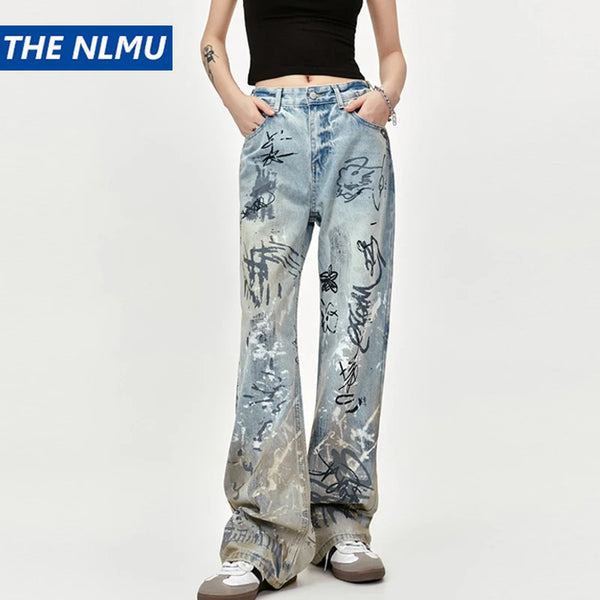 men baggy jeans graffiti printed loose straight denim pants luxury designer jeans male streetwear hip hop jeans trousers y2k urban skinny jeans