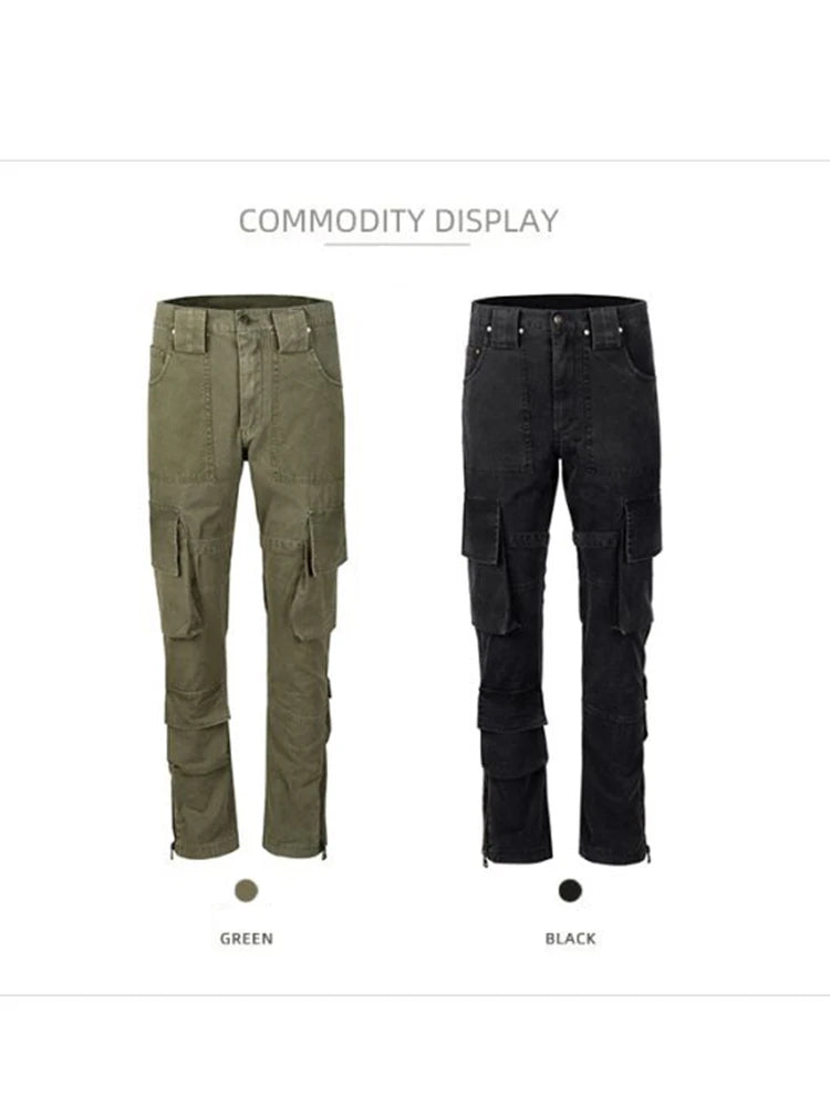 high street multi pockets tooling pants men army green cargo pants hip hop mopping trousers with band unique cargo style 196