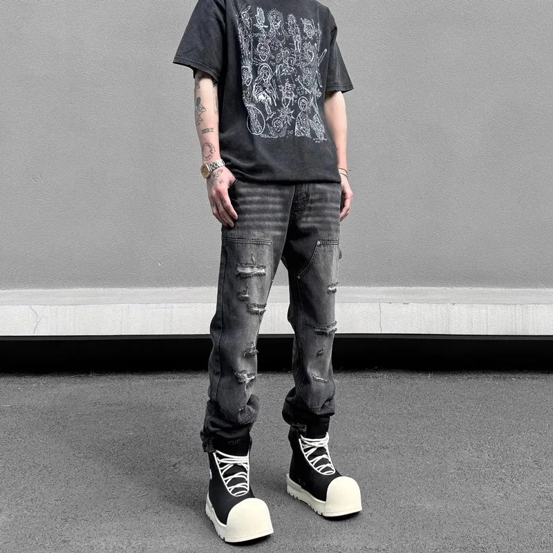 high street distressed black hole washed destroyed jeans casual ripped logging pants straight wide leg denim pants for men unique jeans style 82