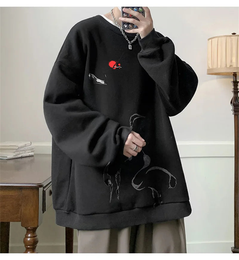Ink Painting Cartoon Crane Printed Pullover Hoodies For Men 2024 New H
