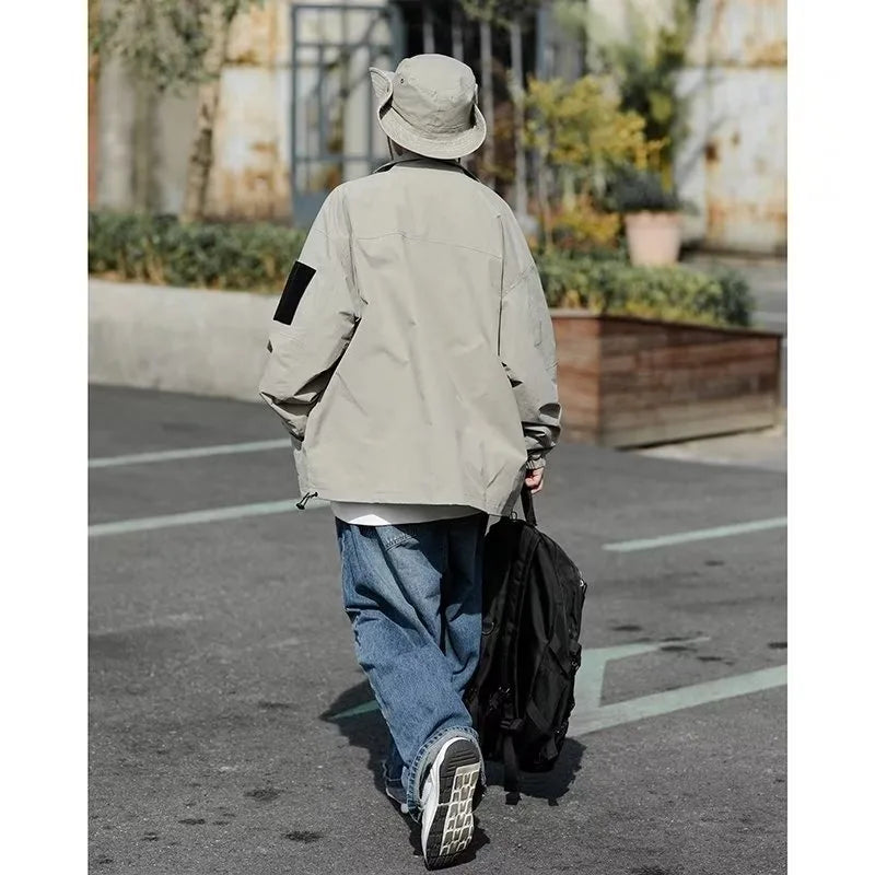 Outdoor Mens Charge Jacket Retro Loose Stand Collar Waterproof Tooling