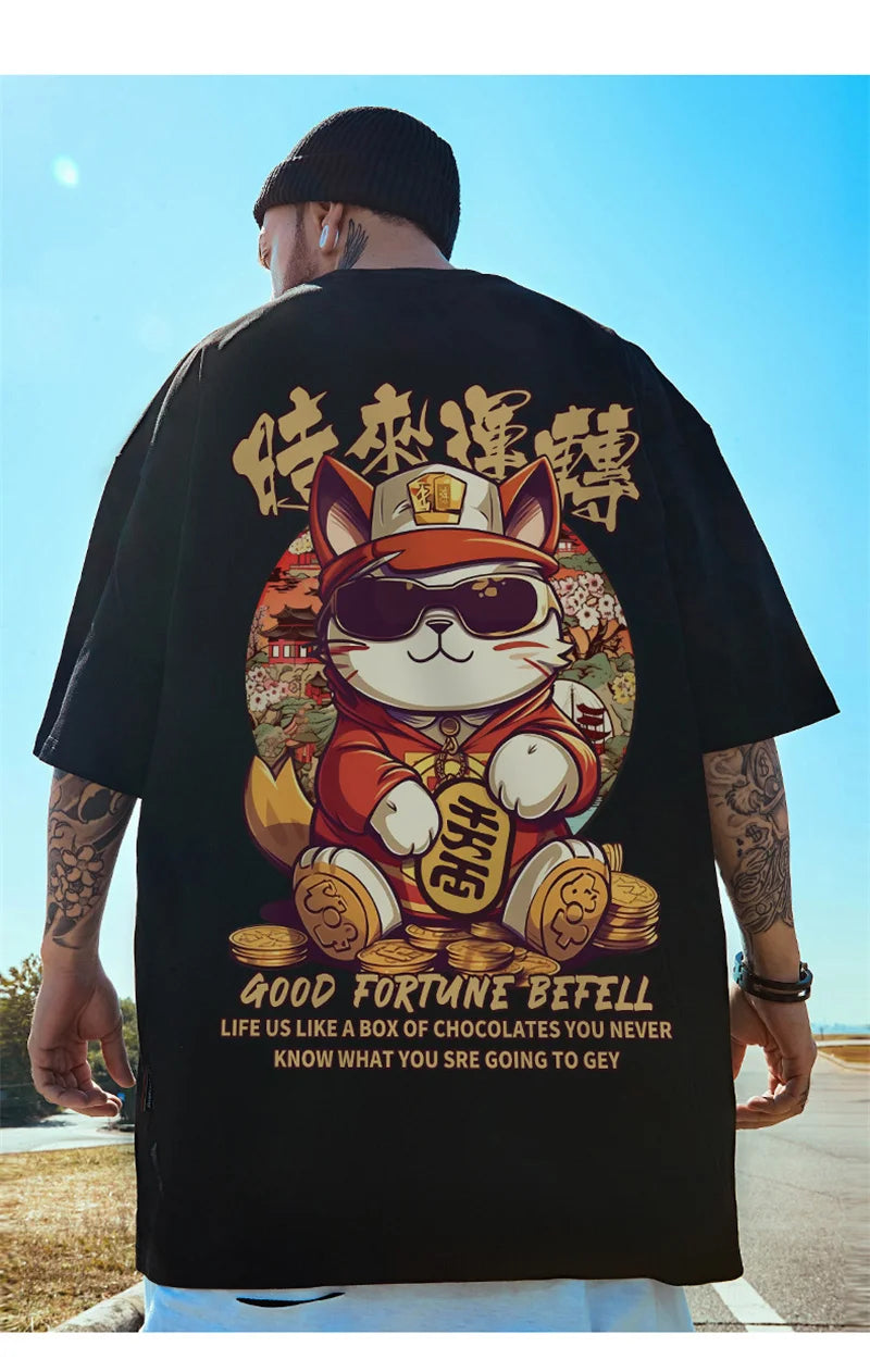 Harajuku Crying character – Good Fortune Befell Print Oversized T Shirt For Men Anime Ca