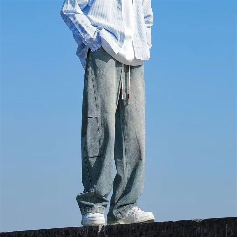 american distressed straight drawstring jeans for men high street baggy patchwork denim pants 2024 new hip hop fashion y2k jean unique jeans style 3368