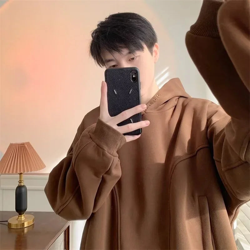 Trendy Fall Fashion Sweater – Autumn Fleece Button Up Neck Hip Hop Sweatshirts For Men Solid Color Oversized Y2K Hoodies High Street Fashion Hooded Tracksuit | Zip Knit Drop #109
