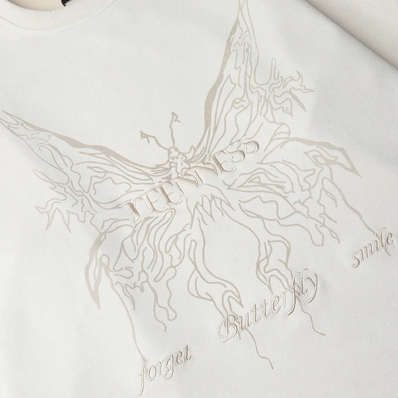 Men Suede Sweatshirt Streetwear Butterfly Monster Embroidery Harajuku