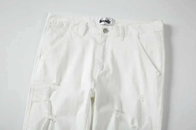 mens hole ripped white ankle zipper button jeans pants straight pockets solid color high street retro loose denim trousers unique jeans style 244