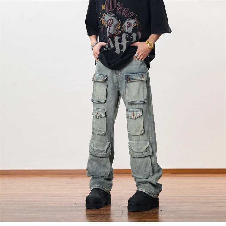 hip hop cargo denim pants streetwear plain denim pants mens harajuku cotton casual joggers jeans loose straight pants trousers unique joggers style 3854