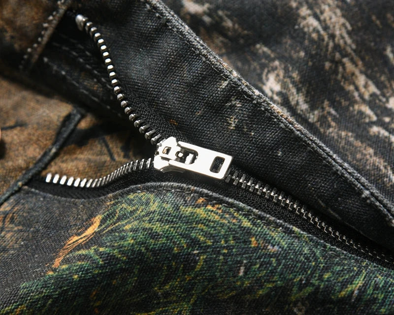 european and american tree grain camouflage jeans mens slim fitting splashing ink trendy hip hop tapered denim pants camou jeans unique jeans style 1424