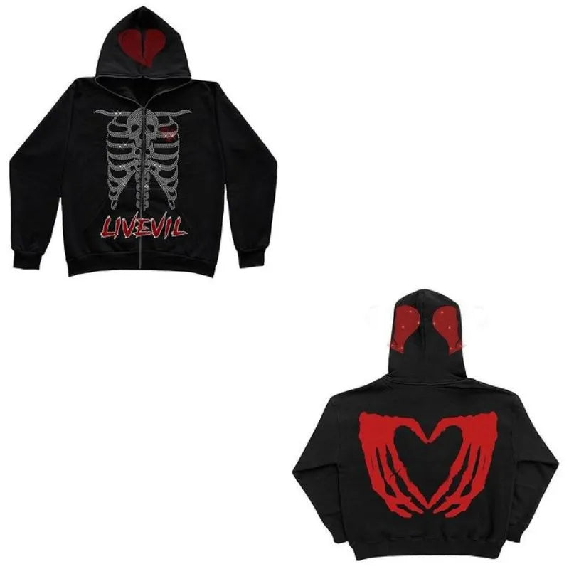 Autumn Winter Zipper Cardigan Skull Heart Shaped Embroidery New Hip Ho