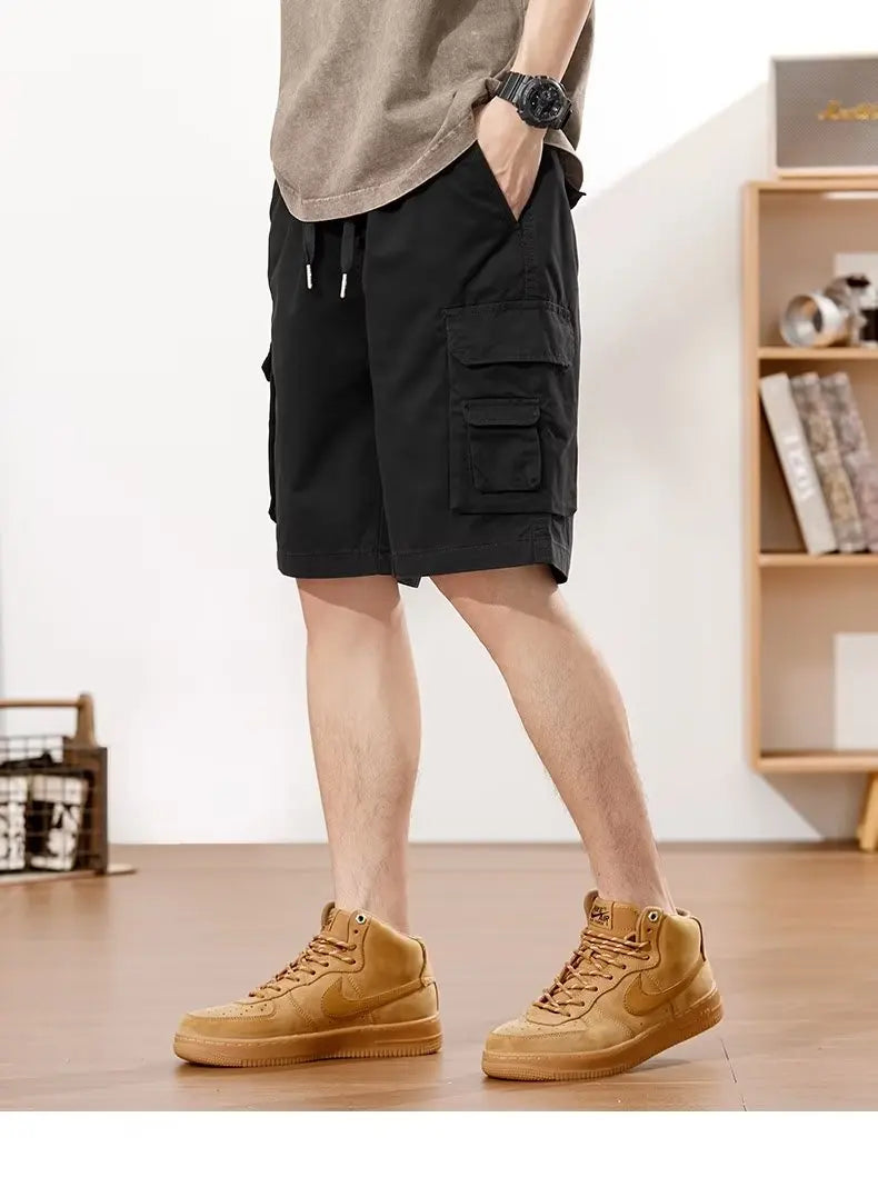 Men's Straight Tooling Shorts for Men Korean Fashion Belt Decoration Khaki Casual