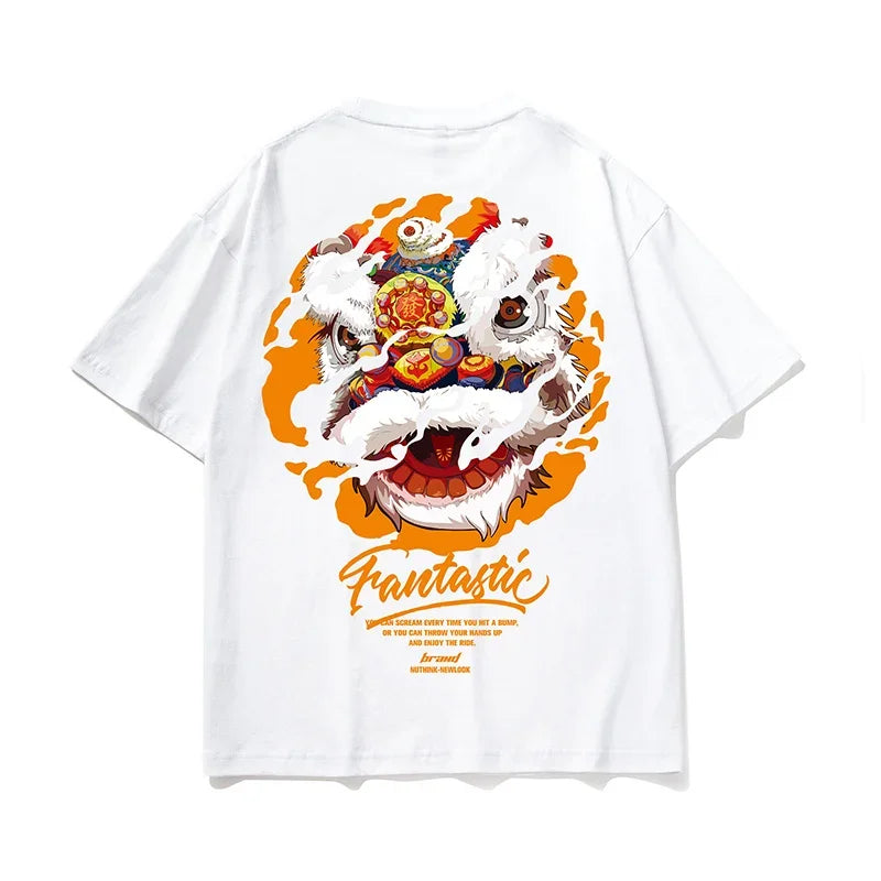 Gothic Barcode glitch – Funny Dancing Lion Print Man T Shirt Cotton Crewneck