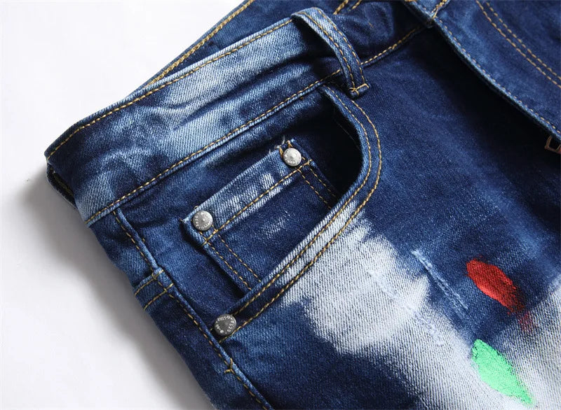 fashion distressed white washed denim jean pants colorful graffiti printed casual biker hip hop jeans slim joggers mens jeans unique joggers style 4582