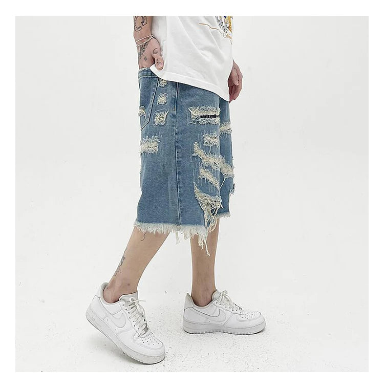 Mens Fashion Denim Jean Shorts Summer Casual Destroyed Ripped Destressed Holes Loose Shorts Hip Hop Streetwear Shorts Joggers