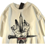 Trapwear Graphic tee – American Retro Cross Wood Pierced Palm Printed Short Sleeved