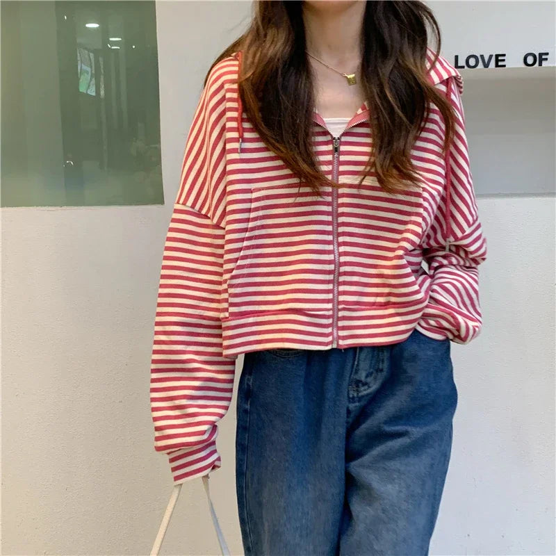Autumn And Winter New Korean Style Ins Casual Sports Style Striped Hoo