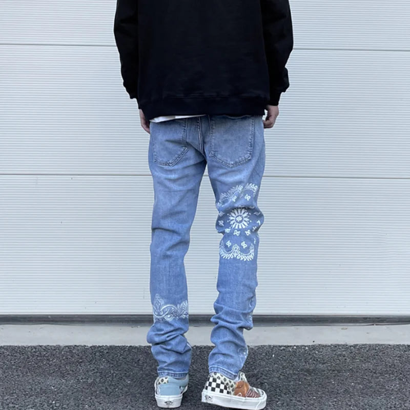 mens high street paisley print denim jeans casual hip hop distressed jeans slim fit skinny denim pants joggers streetwear men urban active pants
