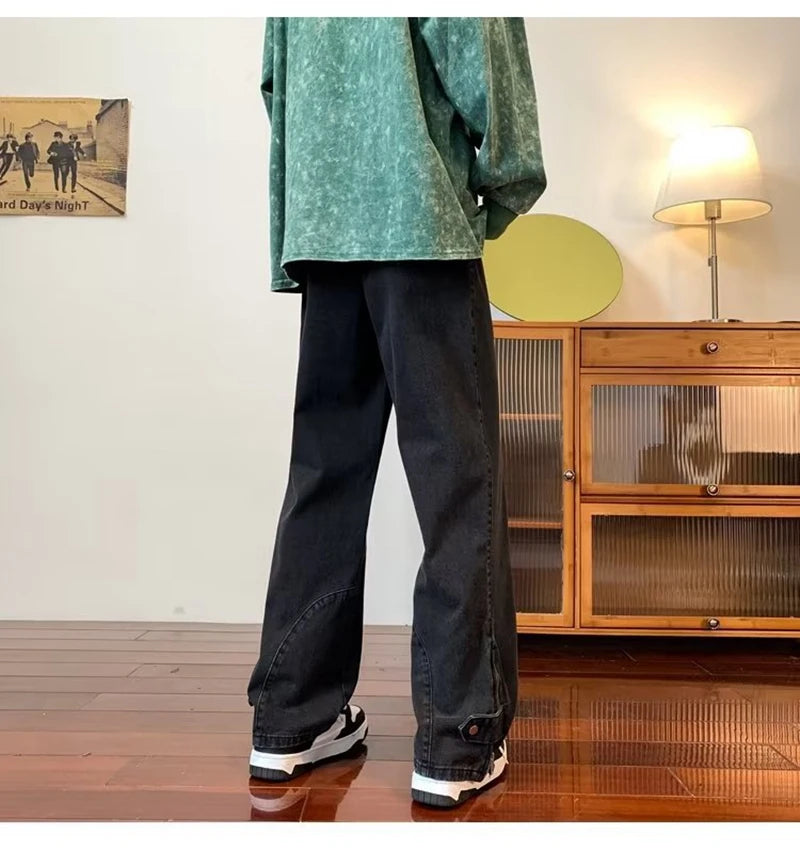 2023 korean fashion ankle zipper vintage brown men jeans pants luxury straight hip hop casual denim trousers pantalones hombre unique jeans style 256