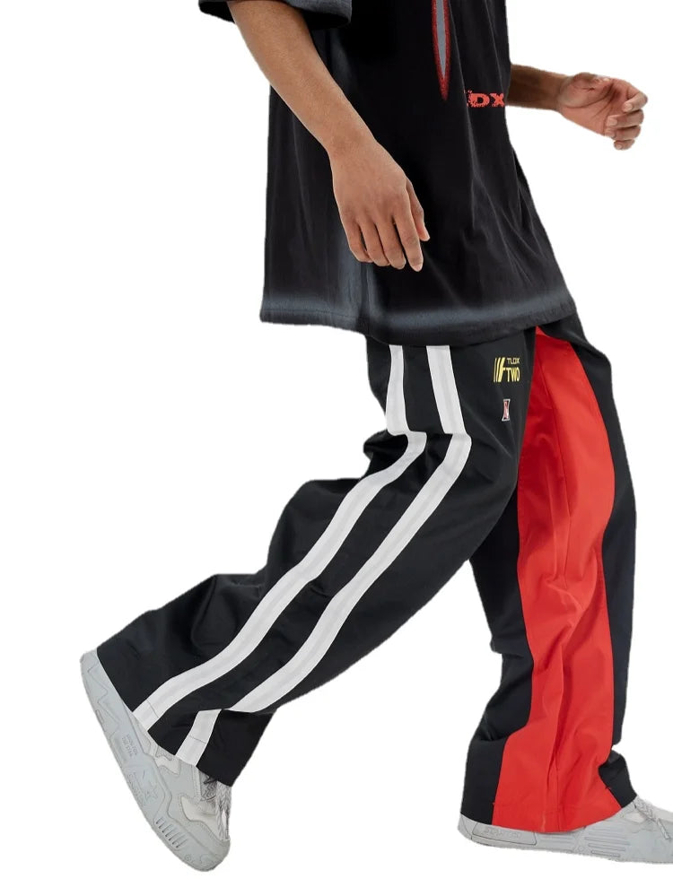 high street side striped spliced straight pants unisex elastic waist streetwear casual racing biker sportwear pants joggers men streetwear sweatpants